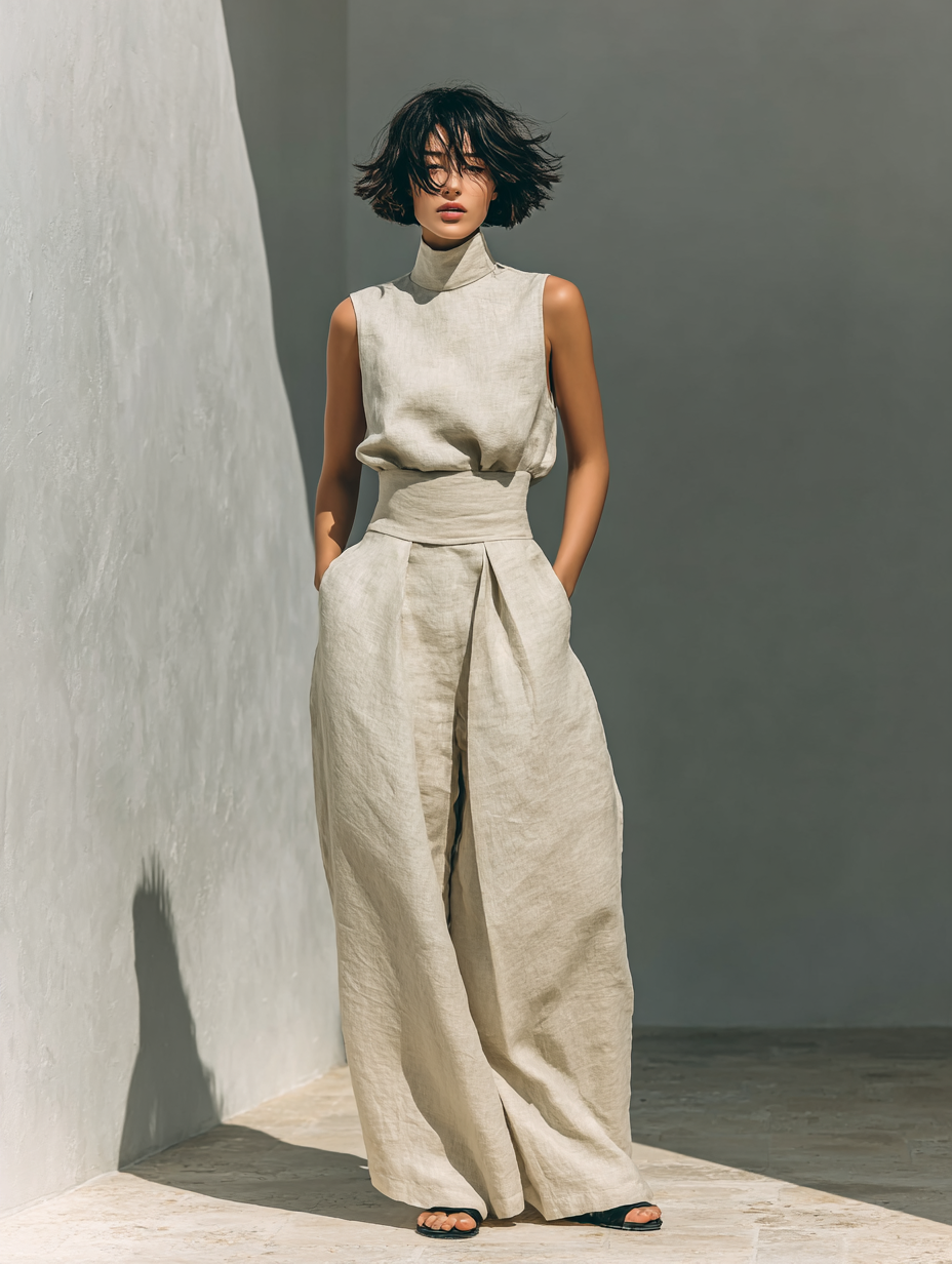 Maria - Conjunto minimalista de algodón y lino con pantalón ancho