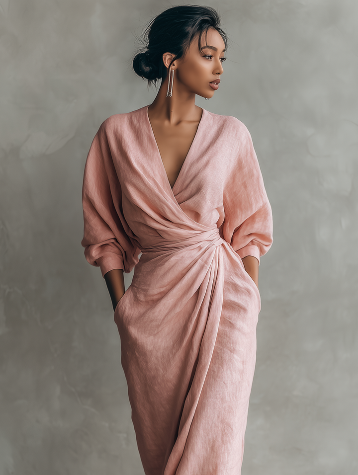 Vestido Maxi Minimalista Rosa con escote en V de lino mezclado para Mujer