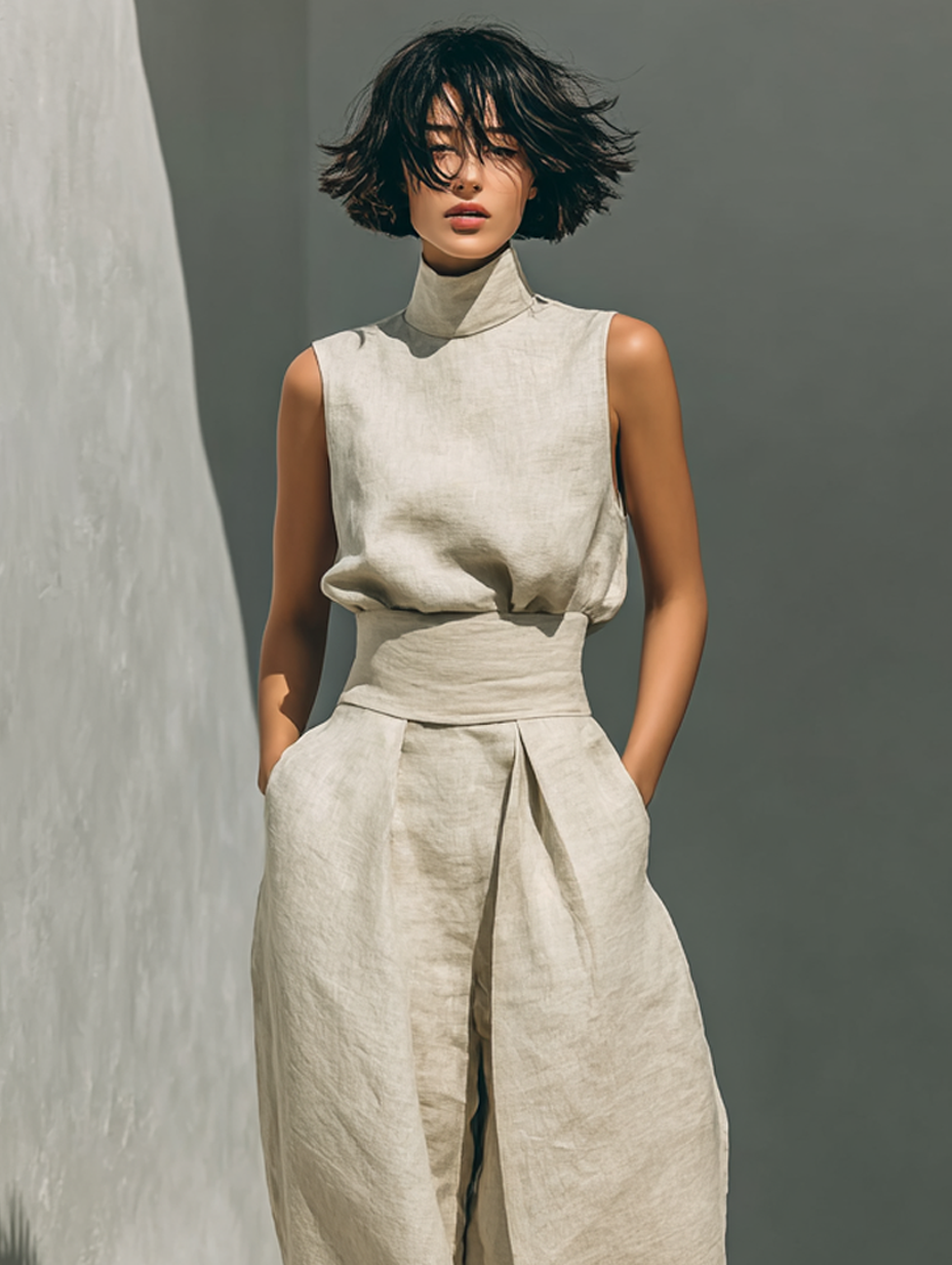 Maria - Conjunto minimalista de algodón y lino con pantalón ancho