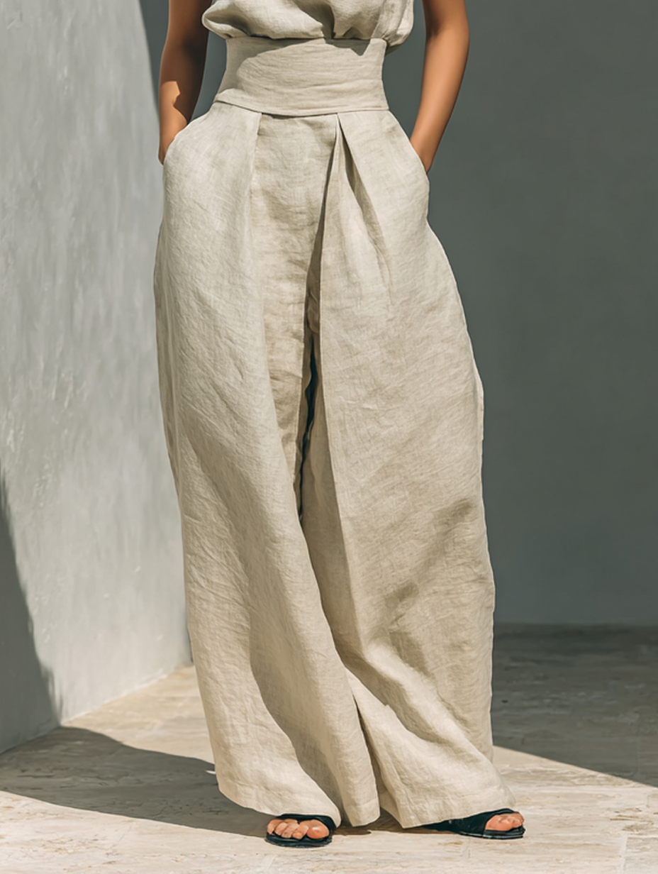 Maria - Conjunto minimalista de algodón y lino con pantalón ancho