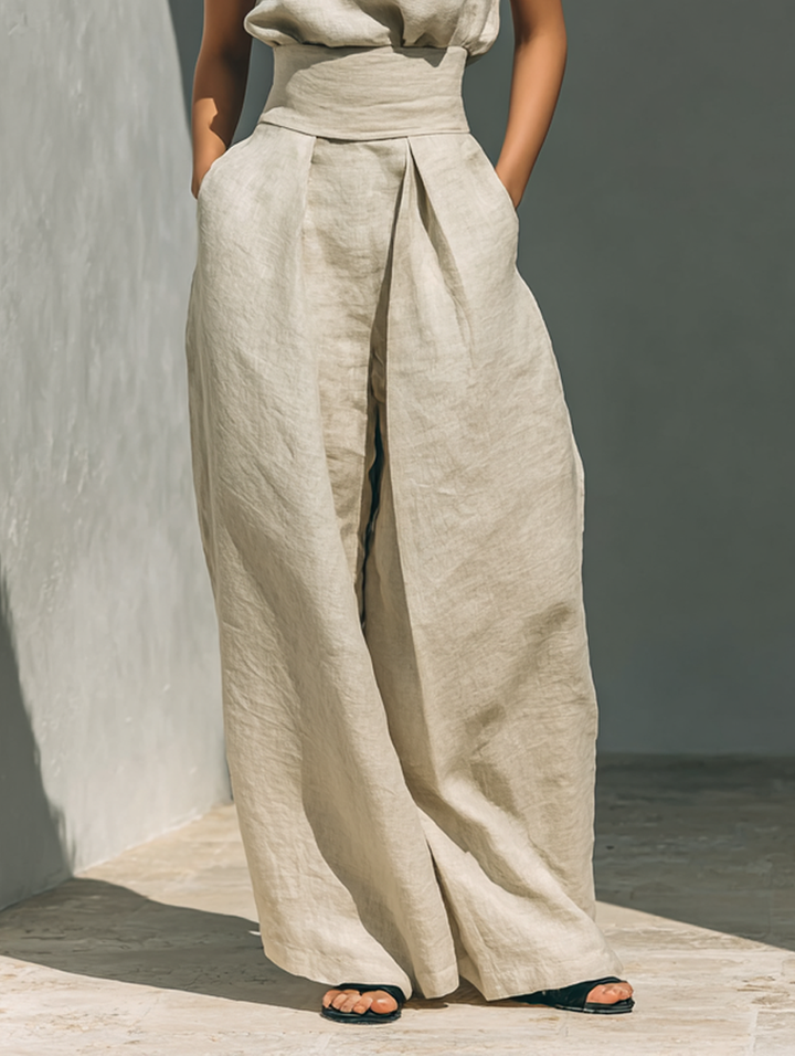 Maria - Conjunto minimalista de algodón y lino con pantalón ancho
