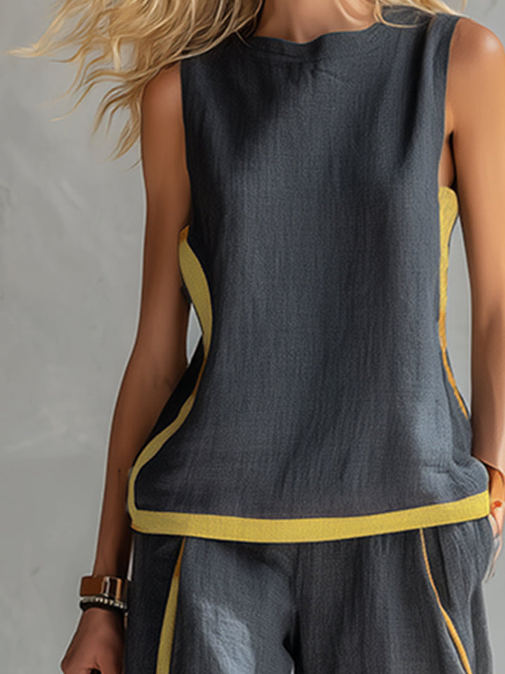 Leila - Conjunto elegante y casual de chaleco y pantalones de algodón y lino gris con bordes en dos tonalidades.