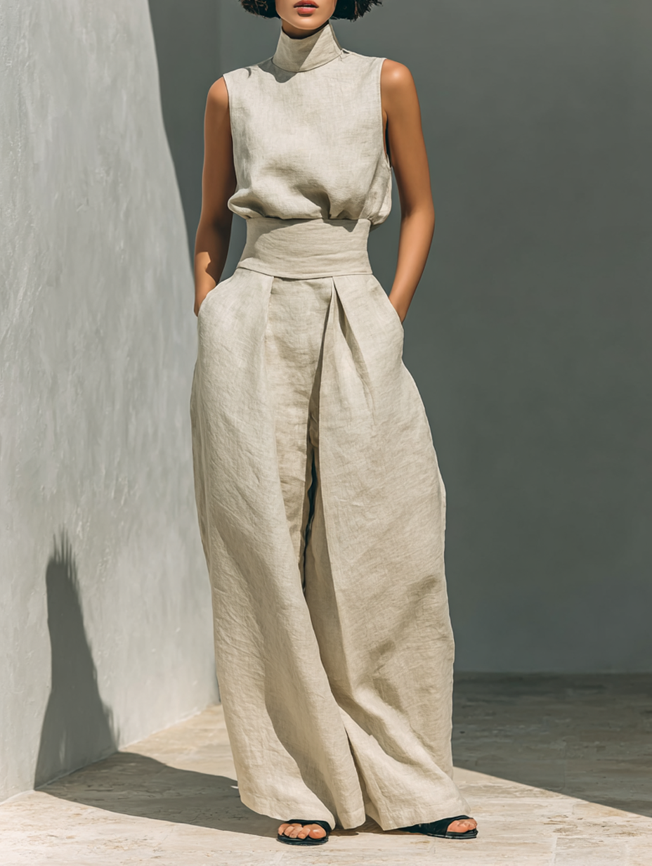 Maria - Conjunto minimalista de algodón y lino con pantalón ancho