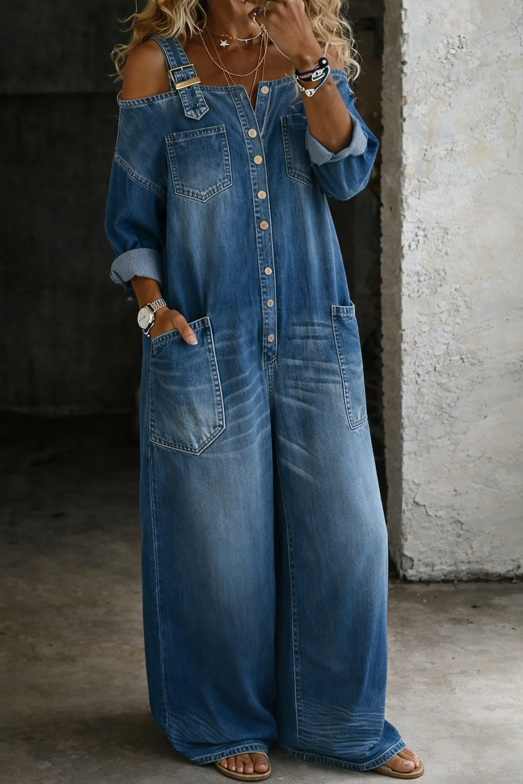 Stephanie | Mono de Camisa de Denim con Hombros Descubiertos