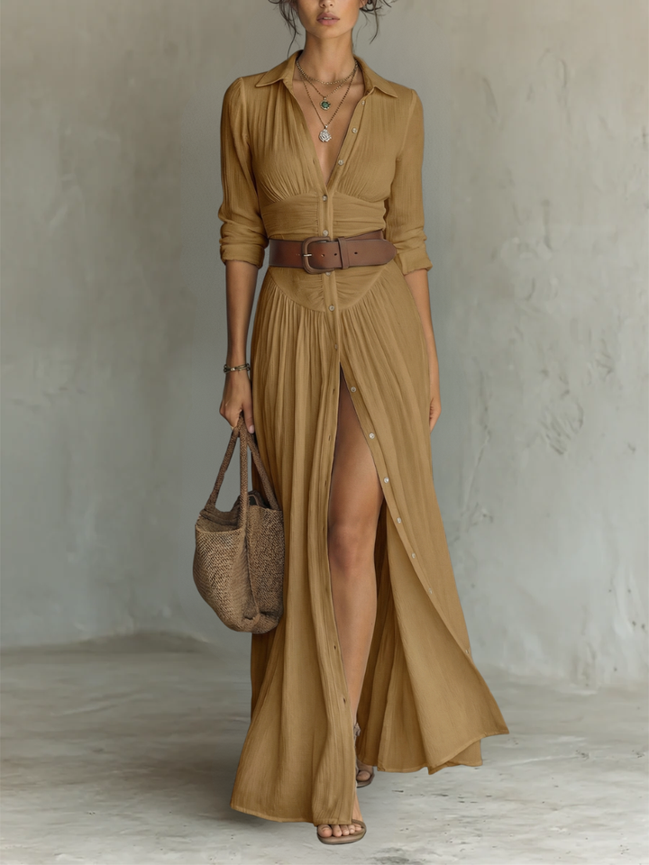Robe Maxi Larga con Cuello Tipo Blazer y Mangas Largas de Lino para Mujer