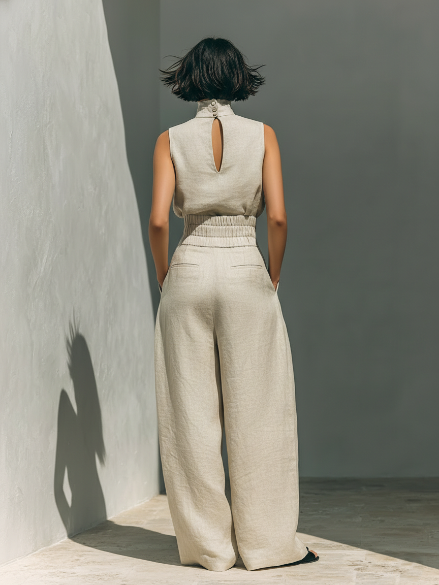 Maria - Conjunto minimalista de algodón y lino con pantalón ancho