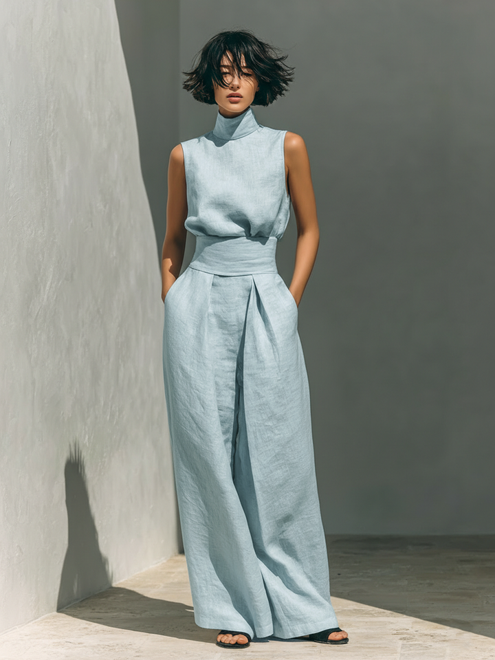 Maria - Conjunto minimalista de algodón y lino con pantalón ancho