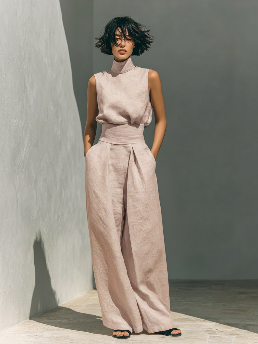 Maria - Conjunto minimalista de algodón y lino con pantalón ancho
