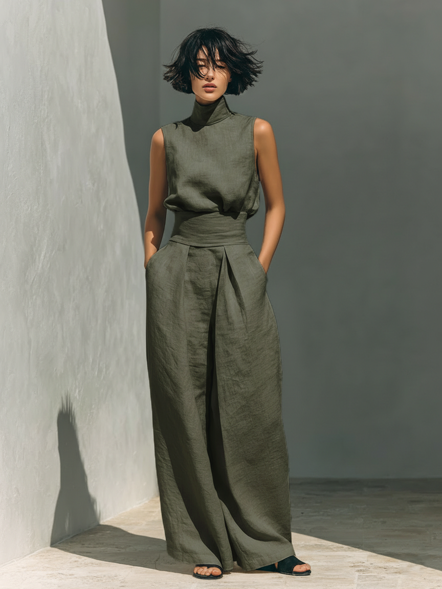 Maria - Conjunto minimalista de algodón y lino con pantalón ancho