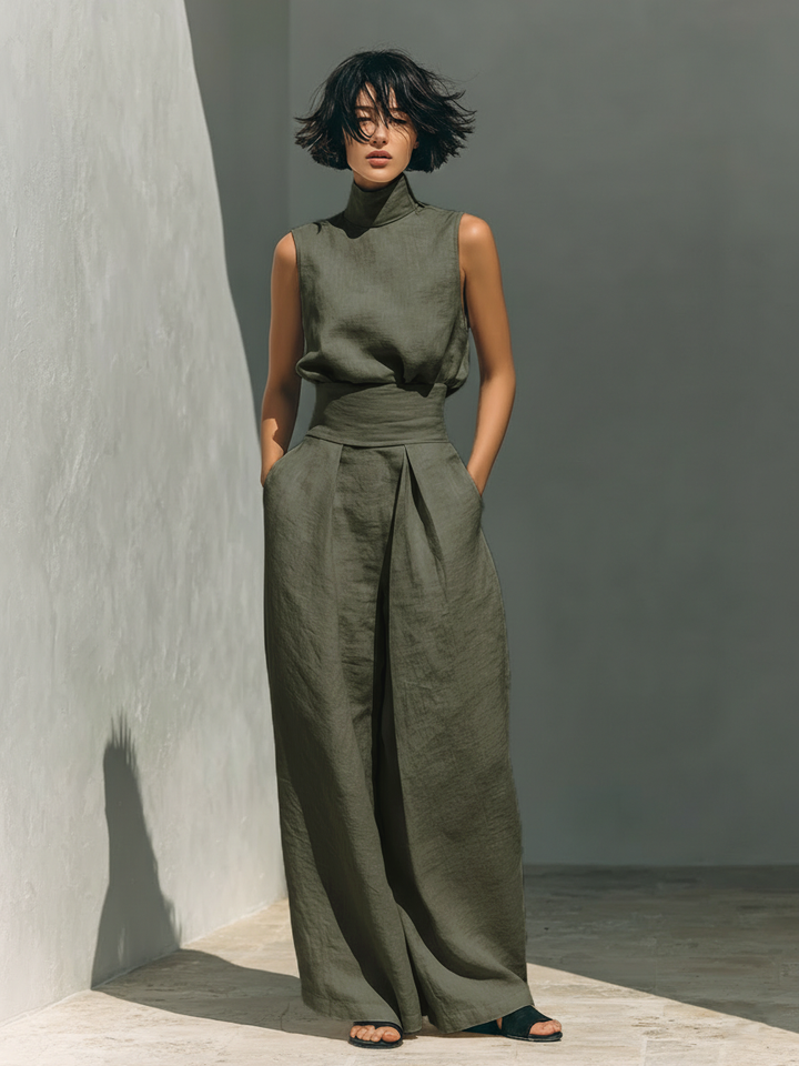 Maria - Conjunto minimalista de algodón y lino con pantalón ancho