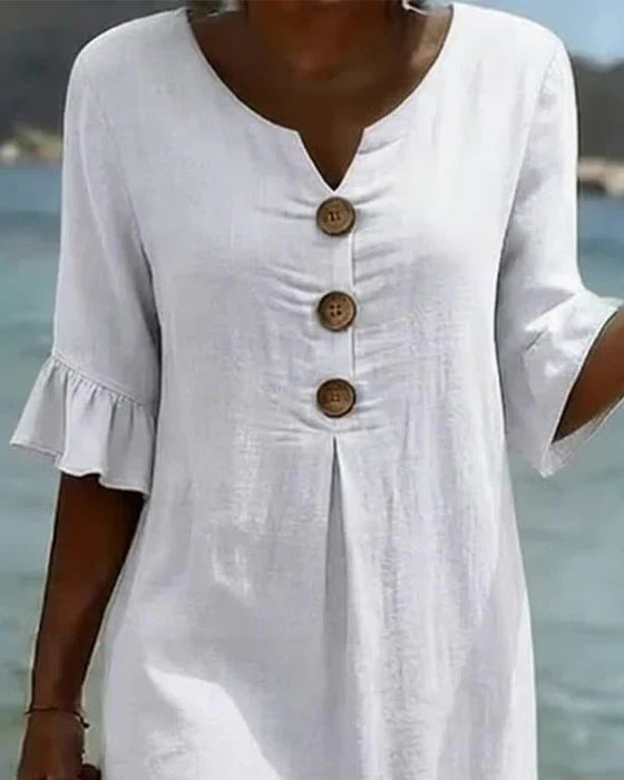 Carolina | Vestido de mujer de algodón y lino con mangas abullonadas y botones