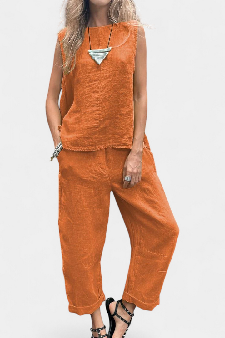 Leona | Conjunto de Chaleco y Pantalón Sin Mangas en Algodón Lino