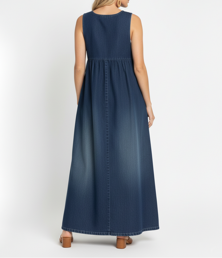 Karen | Vestido Maxi de Denim de Algodón Suave con Acabado Vintage