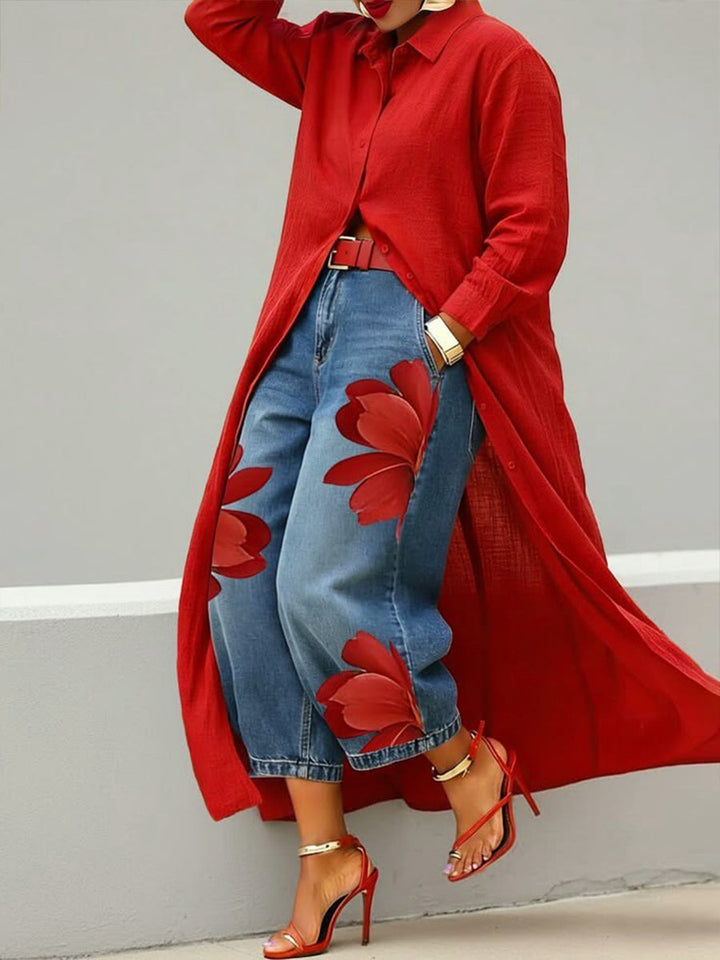 Isabela | Blusa maxi de lino & Conjunto denim floral