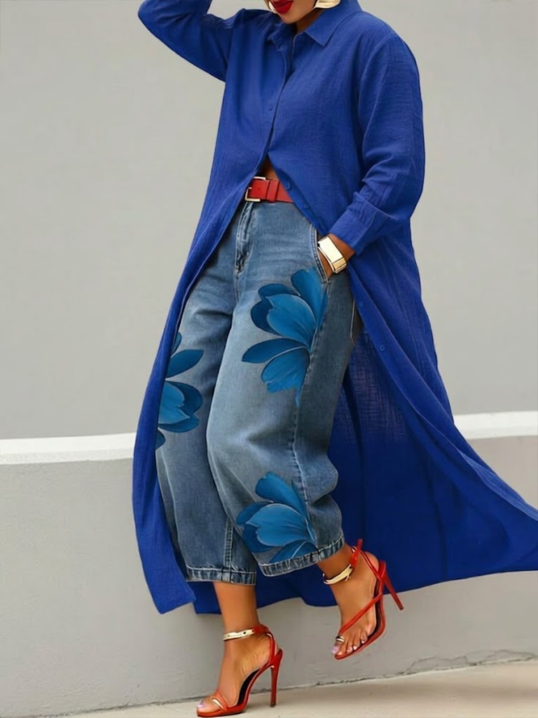 Isabela | Blusa maxi de lino & Conjunto denim floral