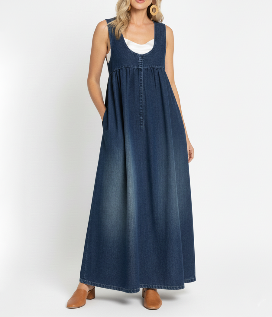 Karen | Vestido Maxi de Denim de Algodón Suave con Acabado Vintage