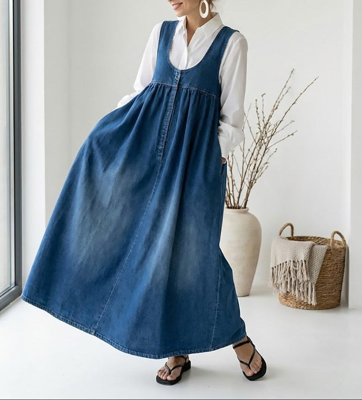 Karen | Vestido Maxi de Denim de Algodón Suave con Acabado Vintage