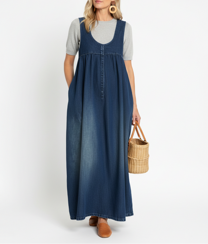 Karen | Vestido Maxi de Denim de Algodón Suave con Acabado Vintage