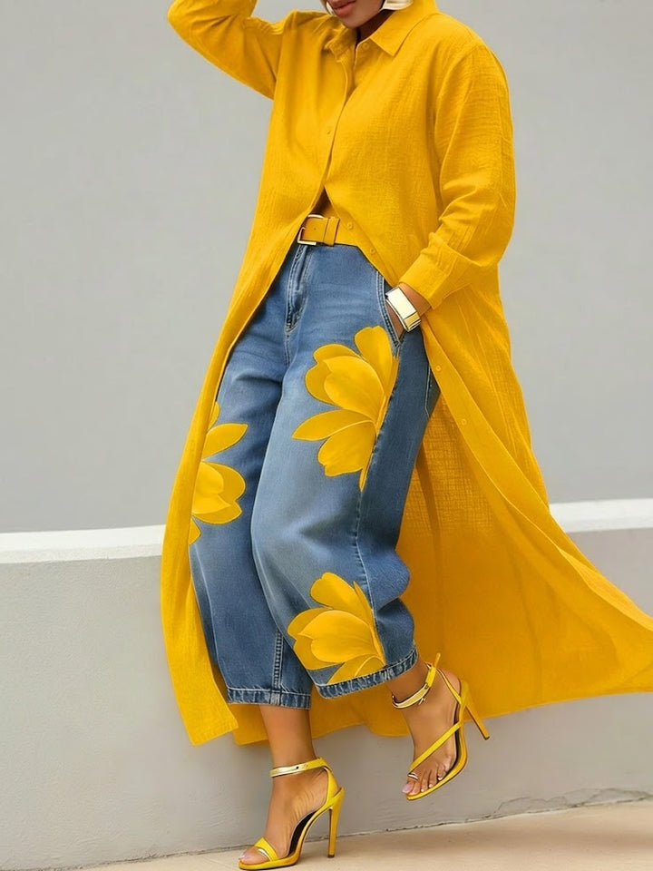 Isabela | Blusa maxi de lino & Conjunto denim floral