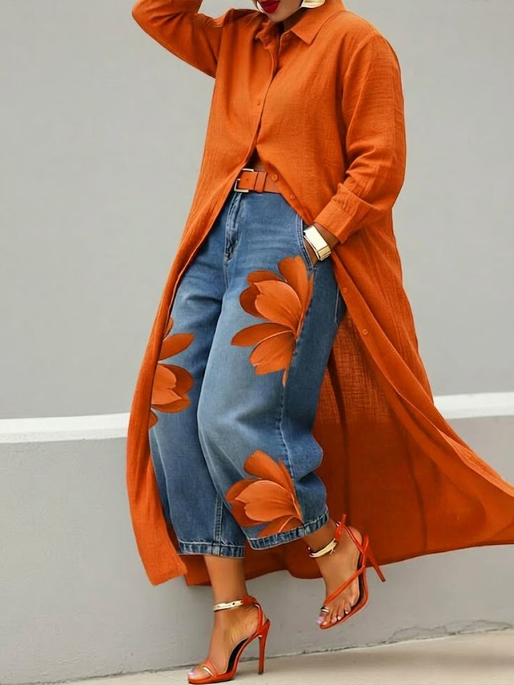 Isabela | Blusa maxi de lino & Conjunto denim floral